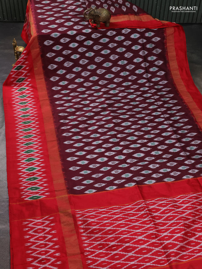 Pure pochampally silk saree deep maroon and red with allover ikat weaves and zari woven simple border