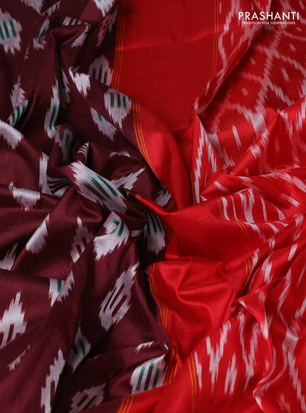 Pure pochampally silk saree deep maroon and red with allover ikat weaves and zari woven simple border