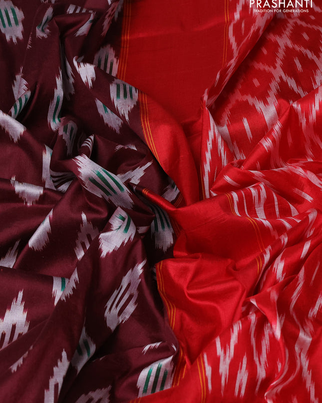 Pure pochampally silk saree deep maroon and red with allover ikat weaves and zari woven simple border