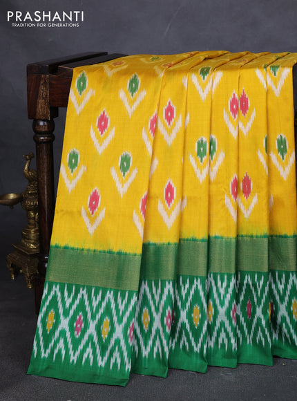 Pure pochampally silk saree yellow and green with allover ikat weaves and zari woven simple border