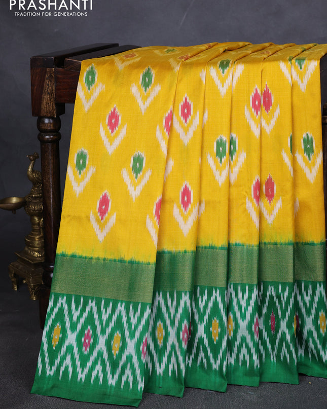 Pure pochampally silk saree yellow and green with allover ikat weaves and zari woven simple border