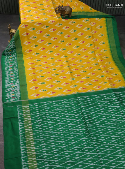 Pure pochampally silk saree yellow and green with allover ikat weaves and zari woven simple border