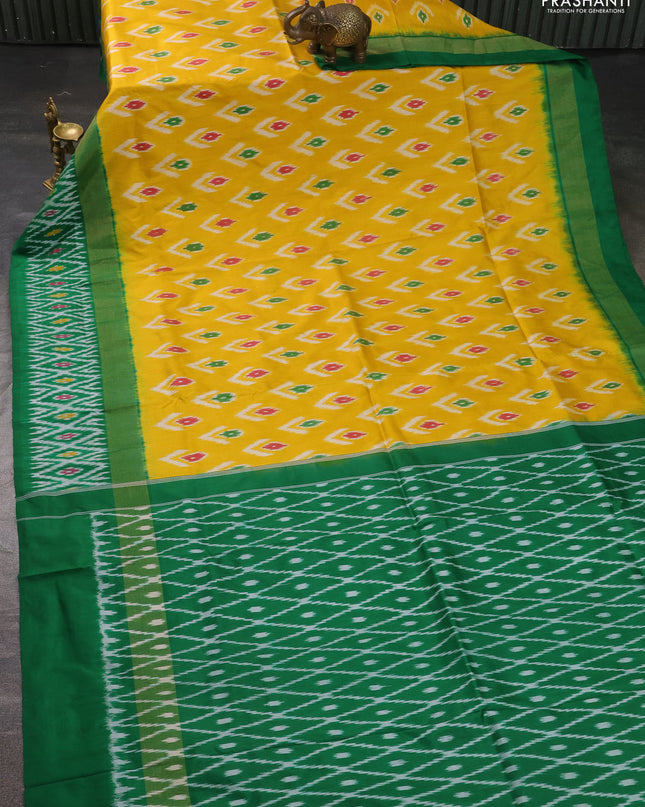 Pure pochampally silk saree yellow and green with allover ikat weaves and zari woven simple border
