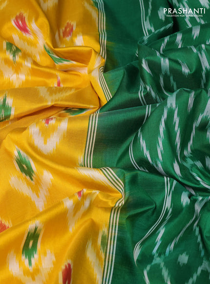 Pure pochampally silk saree yellow and green with allover ikat weaves and zari woven simple border