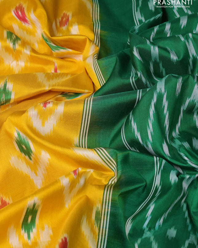 Pure pochampally silk saree yellow and green with allover ikat weaves and zari woven simple border