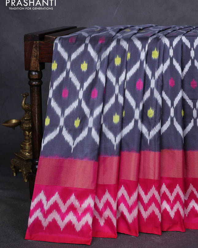 Pure pochampally silk saree grey and pink with allover zig zag weaves and zari woven simple border