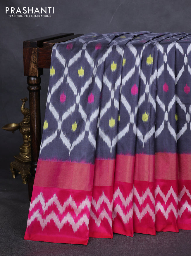 Pure pochampally silk saree grey and pink with allover zig zag weaves and zari woven simple border