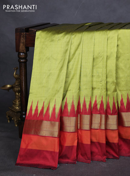 Pure pochampally silk saree light green and maroon with plain body and temple design zari woven simple border