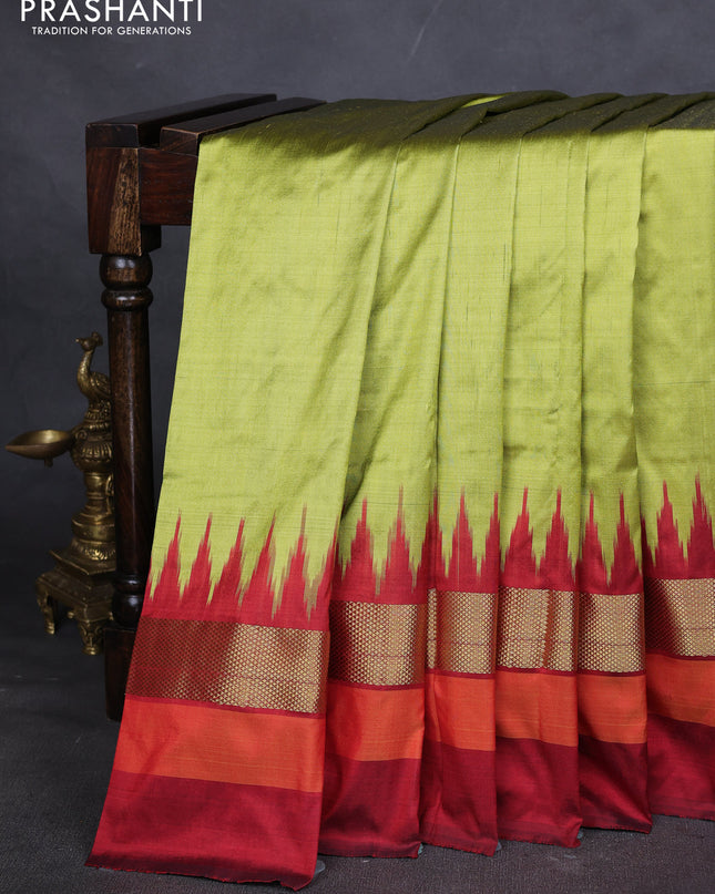 Pure pochampally silk saree light green and maroon with plain body and temple design zari woven simple border