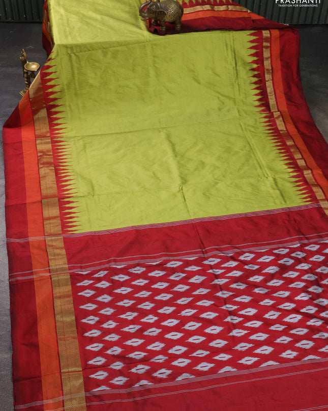Pure pochampally silk saree light green and maroon with plain body and temple design zari woven simple border