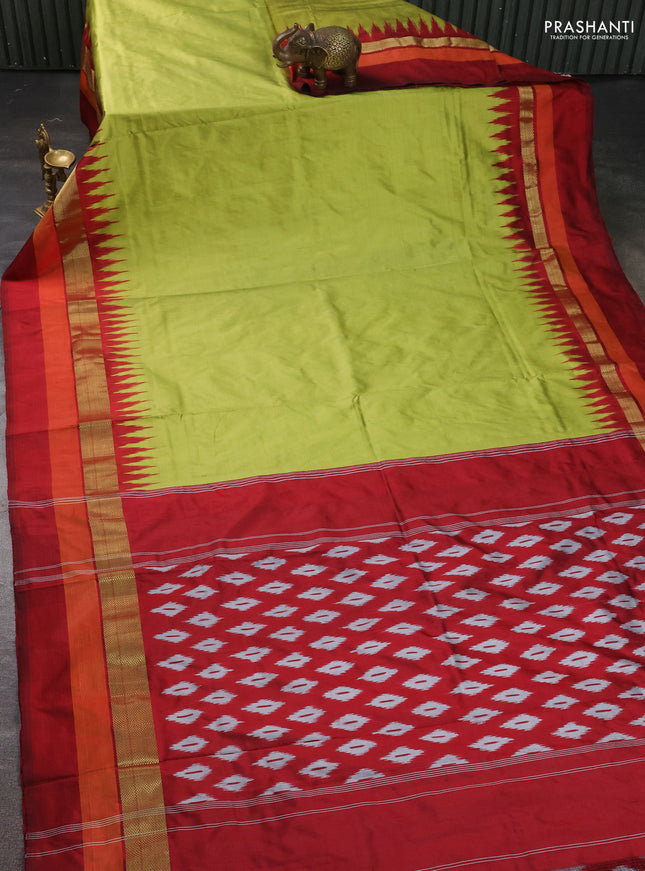 Pure pochampally silk saree light green and maroon with plain body and temple design zari woven simple border