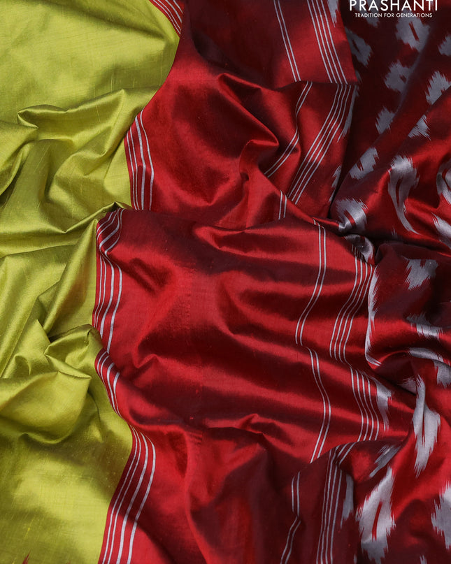 Pure pochampally silk saree light green and maroon with plain body and temple design zari woven simple border