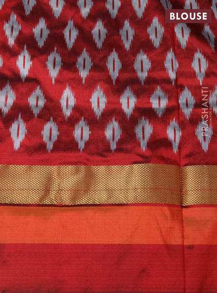 Pure pochampally silk saree light green and maroon with plain body and temple design zari woven simple border