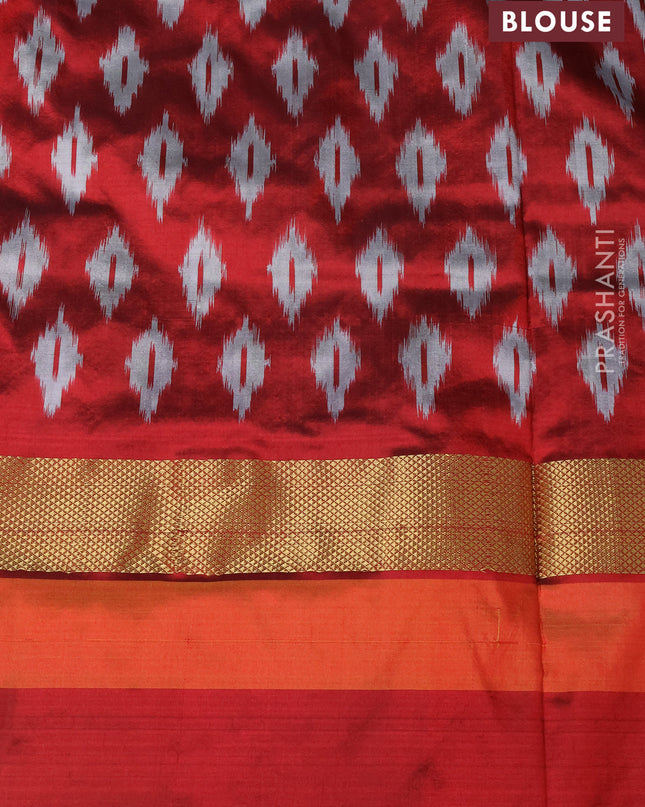 Pure pochampally silk saree light green and maroon with plain body and temple design zari woven simple border