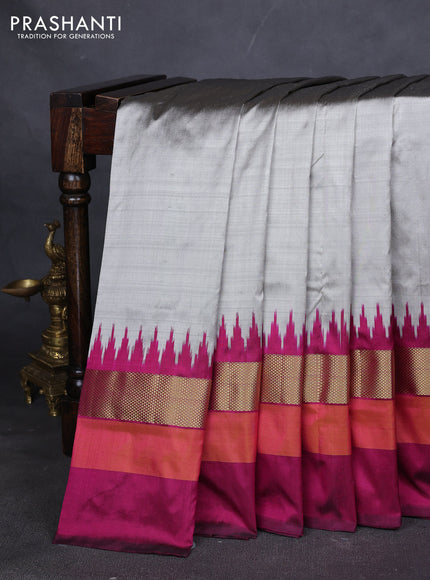 Pure pochampally silk saree grey and magenta pink with plain body and temple design zari woven simple border