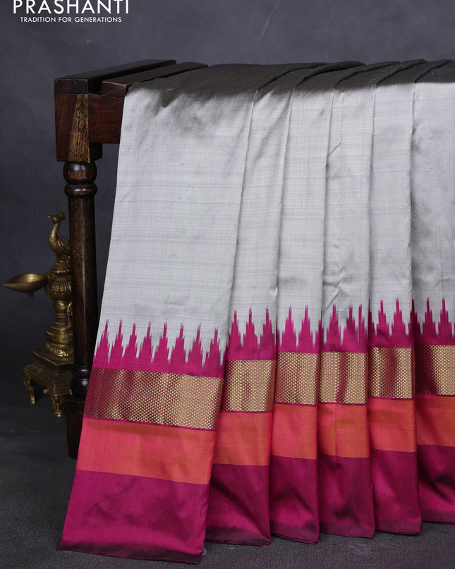 Pure pochampally silk saree grey and magenta pink with plain body and temple design zari woven simple border