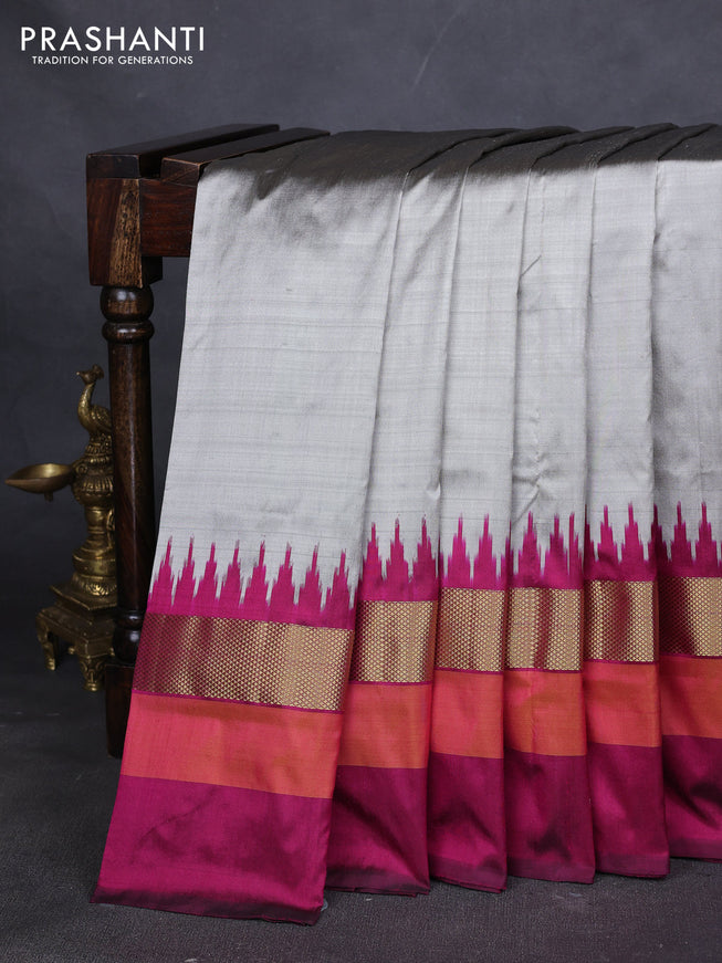 Pure pochampally silk saree grey and magenta pink with plain body and temple design zari woven simple border
