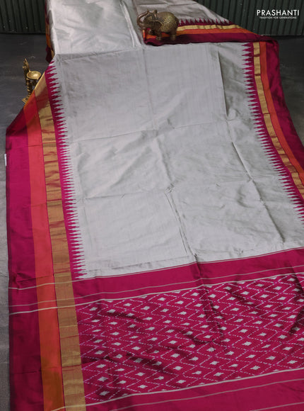 Pure pochampally silk saree grey and magenta pink with plain body and temple design zari woven simple border