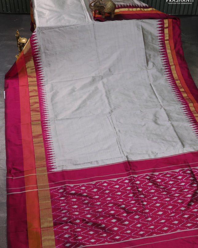 Pure pochampally silk saree grey and magenta pink with plain body and temple design zari woven simple border