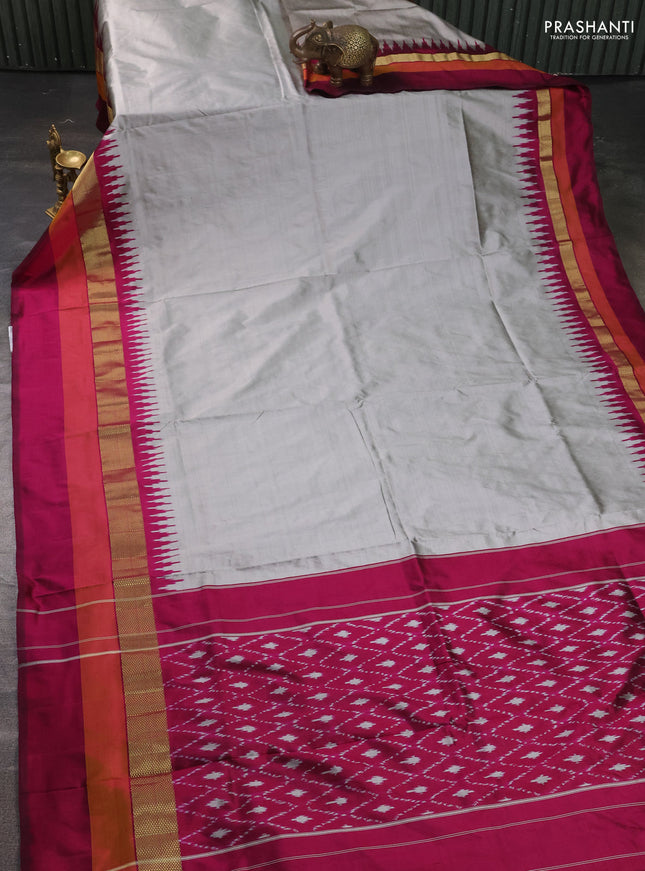 Pure pochampally silk saree grey and magenta pink with plain body and temple design zari woven simple border
