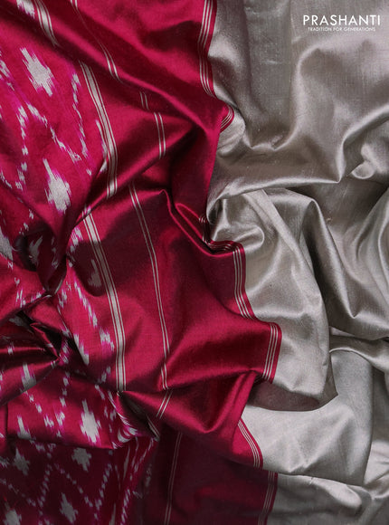 Pure pochampally silk saree grey and magenta pink with plain body and temple design zari woven simple border