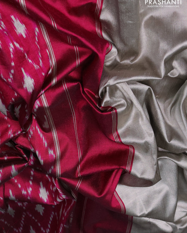 Pure pochampally silk saree grey and magenta pink with plain body and temple design zari woven simple border