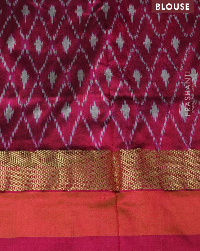 Pure pochampally silk saree grey and magenta pink with plain body and temple design zari woven simple border