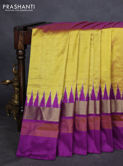 Pure pochampally silk saree yellow and purple with plain body and temple design zari woven simple border