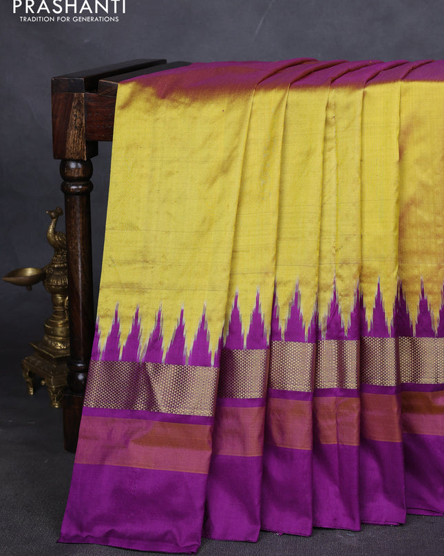 Pure pochampally silk saree yellow and purple with plain body and temple design zari woven simple border