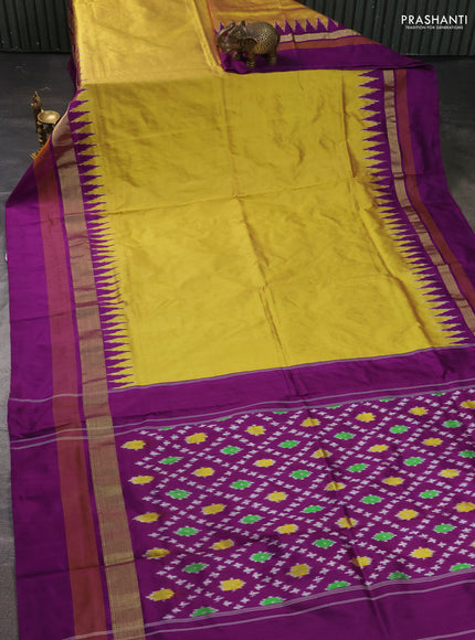 Pure pochampally silk saree yellow and purple with plain body and temple design zari woven simple border