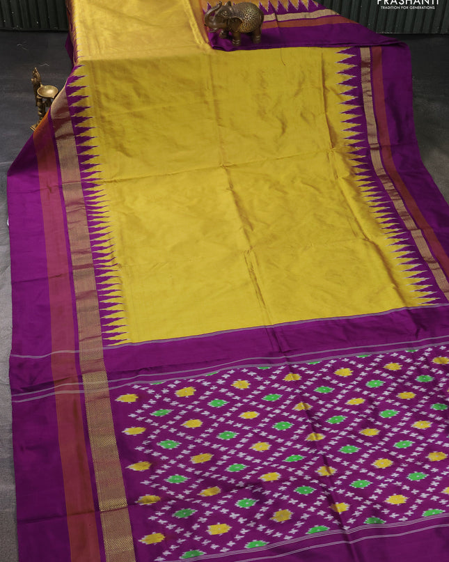 Pure pochampally silk saree yellow and purple with plain body and temple design zari woven simple border