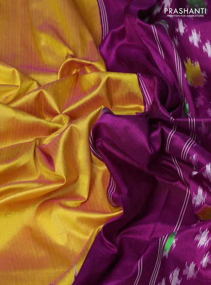 Pure pochampally silk saree yellow and purple with plain body and temple design zari woven simple border