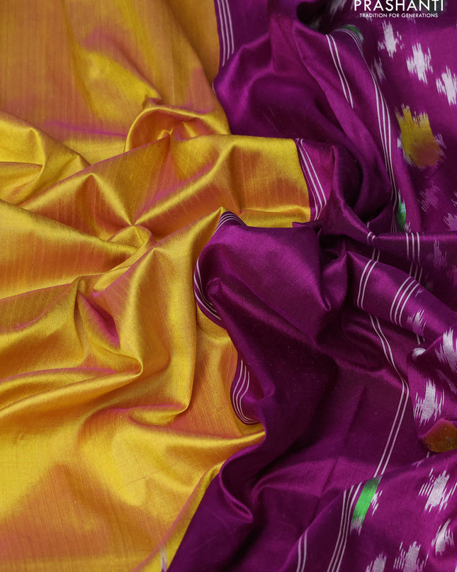 Pure pochampally silk saree yellow and purple with plain body and temple design zari woven simple border