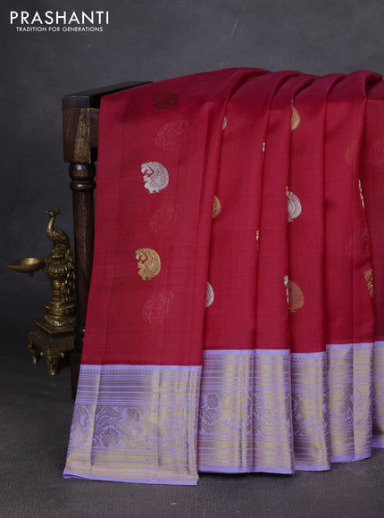 Pure kora kanchipuram silk saree red and lavender with silver & gold zari woven buttas and zari woven border