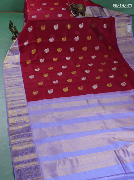 Pure kora kanchipuram silk saree red and lavender with silver & gold zari woven buttas and zari woven border