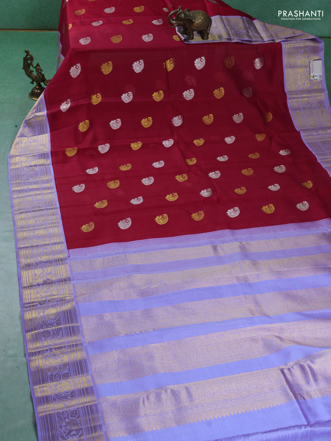 Pure kora kanchipuram silk saree red and lavender with silver & gold zari woven buttas and zari woven border