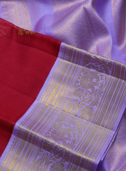 Pure kora kanchipuram silk saree red and lavender with silver & gold zari woven buttas and zari woven border