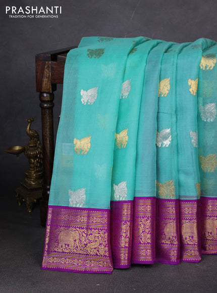 Pure kora kanchipuram silk saree teal blue and purple with silver & gold zari woven buttas and zari woven border