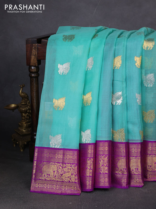 Pure kora kanchipuram silk saree teal blue and purple with silver & gold zari woven buttas and zari woven border
