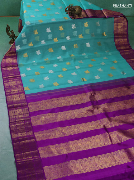 Pure kora kanchipuram silk saree teal blue and purple with silver & gold zari woven buttas and zari woven border