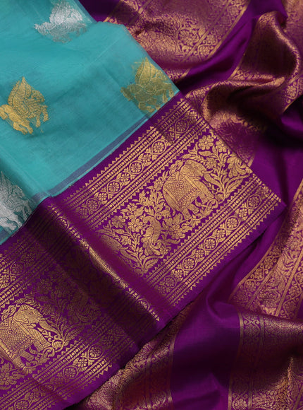 Pure kora kanchipuram silk saree teal blue and purple with silver & gold zari woven buttas and zari woven border