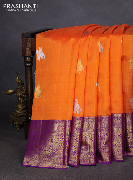 Pure kora kanchipuram silk saree orange and purple with silver & gold zari woven buttas and zari woven border