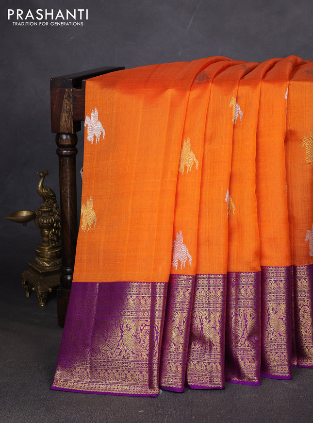 Pure kora kanchipuram silk saree orange and purple with silver & gold zari woven buttas and zari woven border