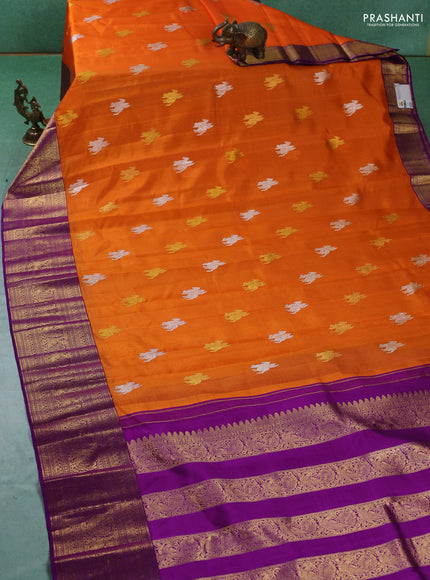 Pure kora kanchipuram silk saree orange and purple with silver & gold zari woven buttas and zari woven border