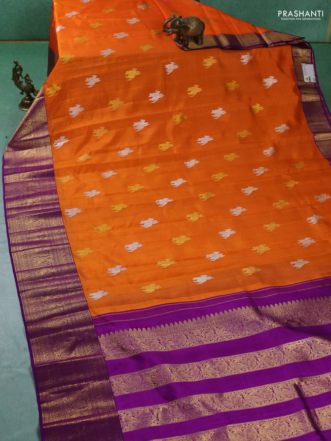 Pure kora kanchipuram silk saree orange and purple with silver & gold zari woven buttas and zari woven border