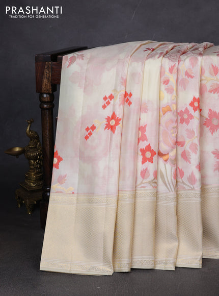 Pure kanchipuram silk saree cream with allover jamdhani weaveing and zari woven border