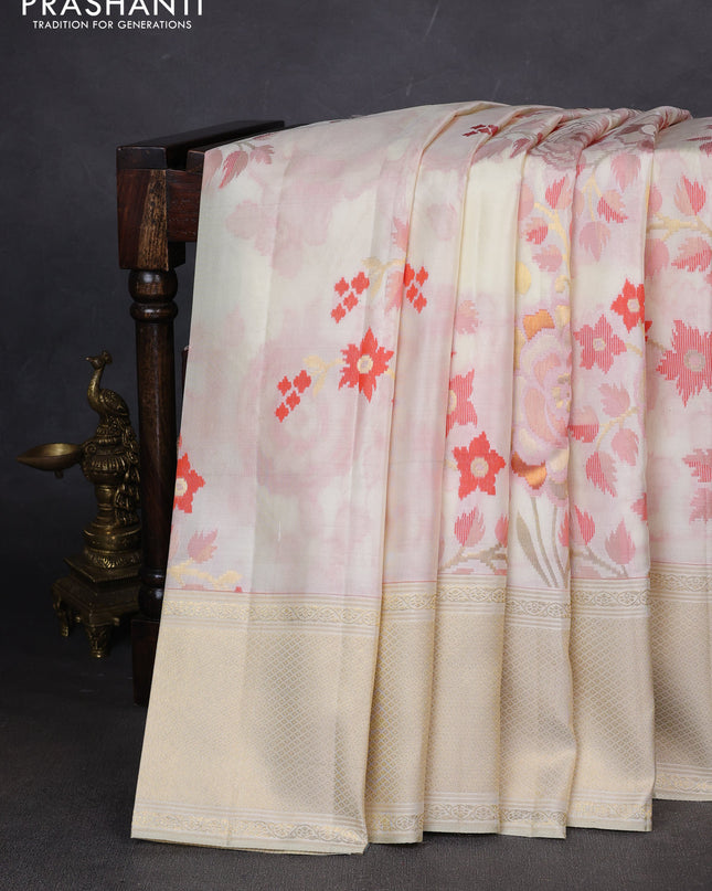 Pure kanchipuram silk saree cream with allover jamdhani weaveing and zari woven border