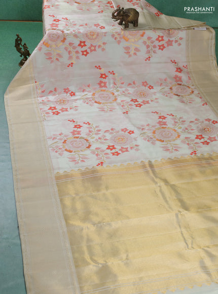 Pure kanchipuram silk saree cream with allover jamdhani weaveing and zari woven border