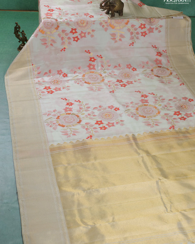 Pure kanchipuram silk saree cream with allover jamdhani weaveing and zari woven border