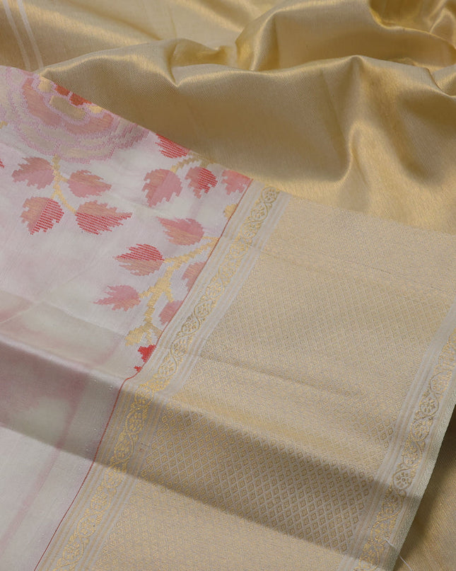 Pure kanchipuram silk saree cream with allover jamdhani weaveing and zari woven border